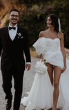 Women Puff Off One Shoulder Chiffon Pleated High Split White Wedding Dresses, Sweetheart Bridal Gown Custom HZ0307
